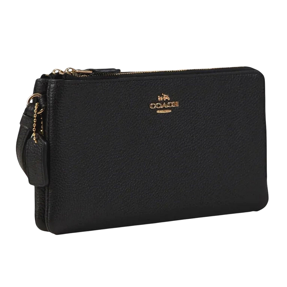 COACH DOUBLE ZIP WALLET IN POLISHED PEBBLE LEATHER BLACK WITH CARD SLOTS NEW!